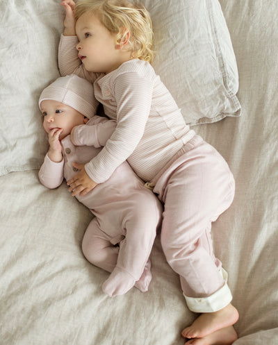 babies wearing merino long sleeve top and drawstring pants