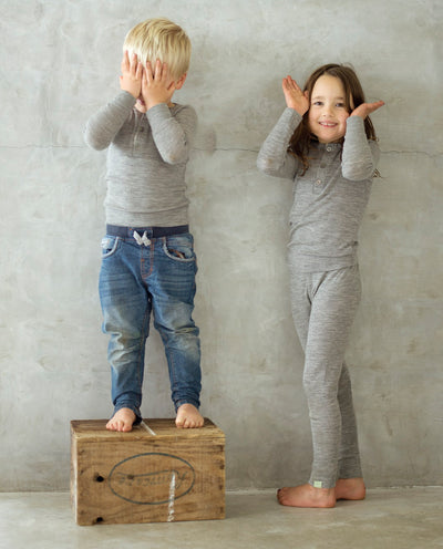 kids wearing grey merino rib top and leggings